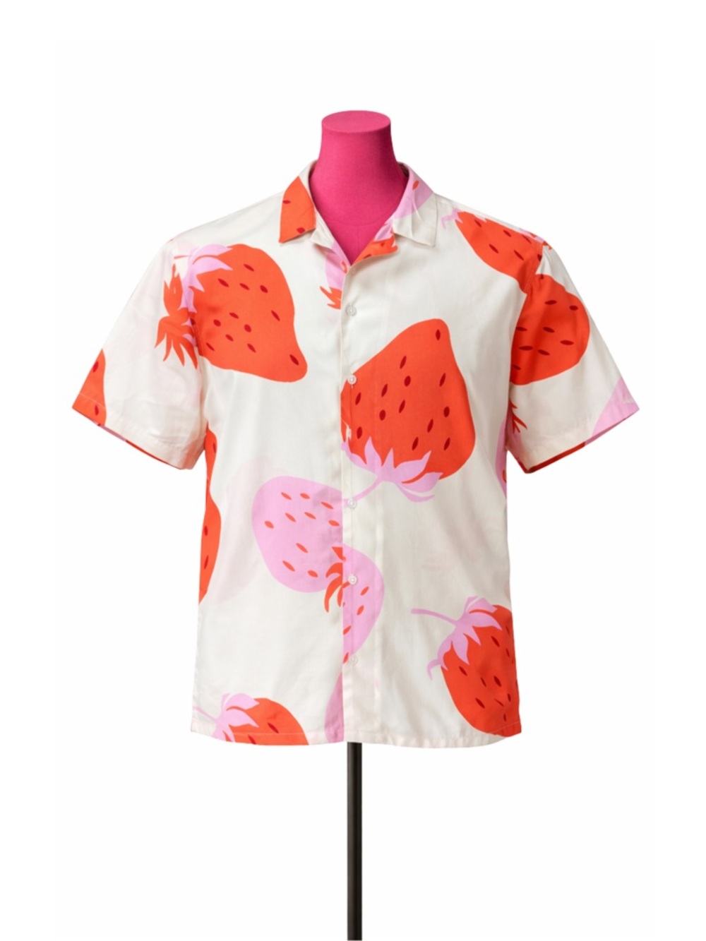 Men's Short-Sleeve Strawberry Print Button-Down Shirt - White/Red/Pink